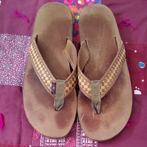 Rainbow Brown Checkerboard Leather Flip Flops